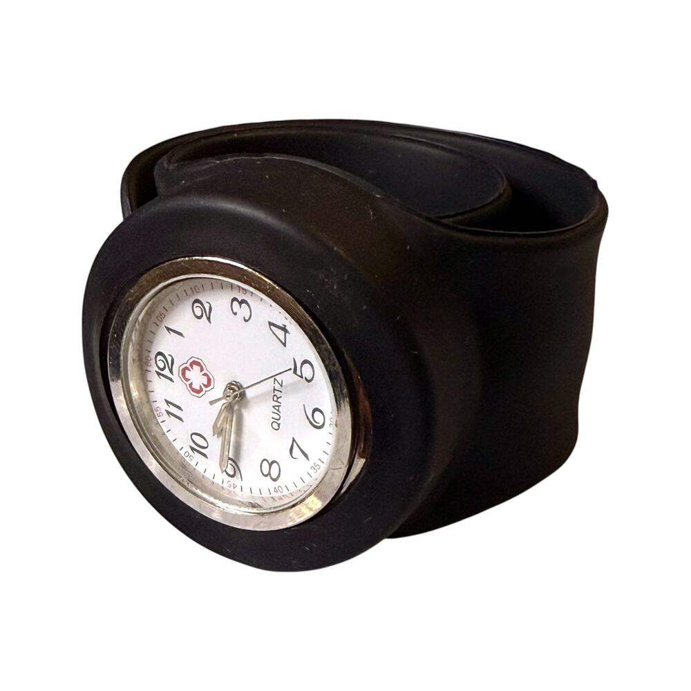 Silicone Nurse Watch -Slap On Watch - Black - Adult Large Size Quartz WORKS
